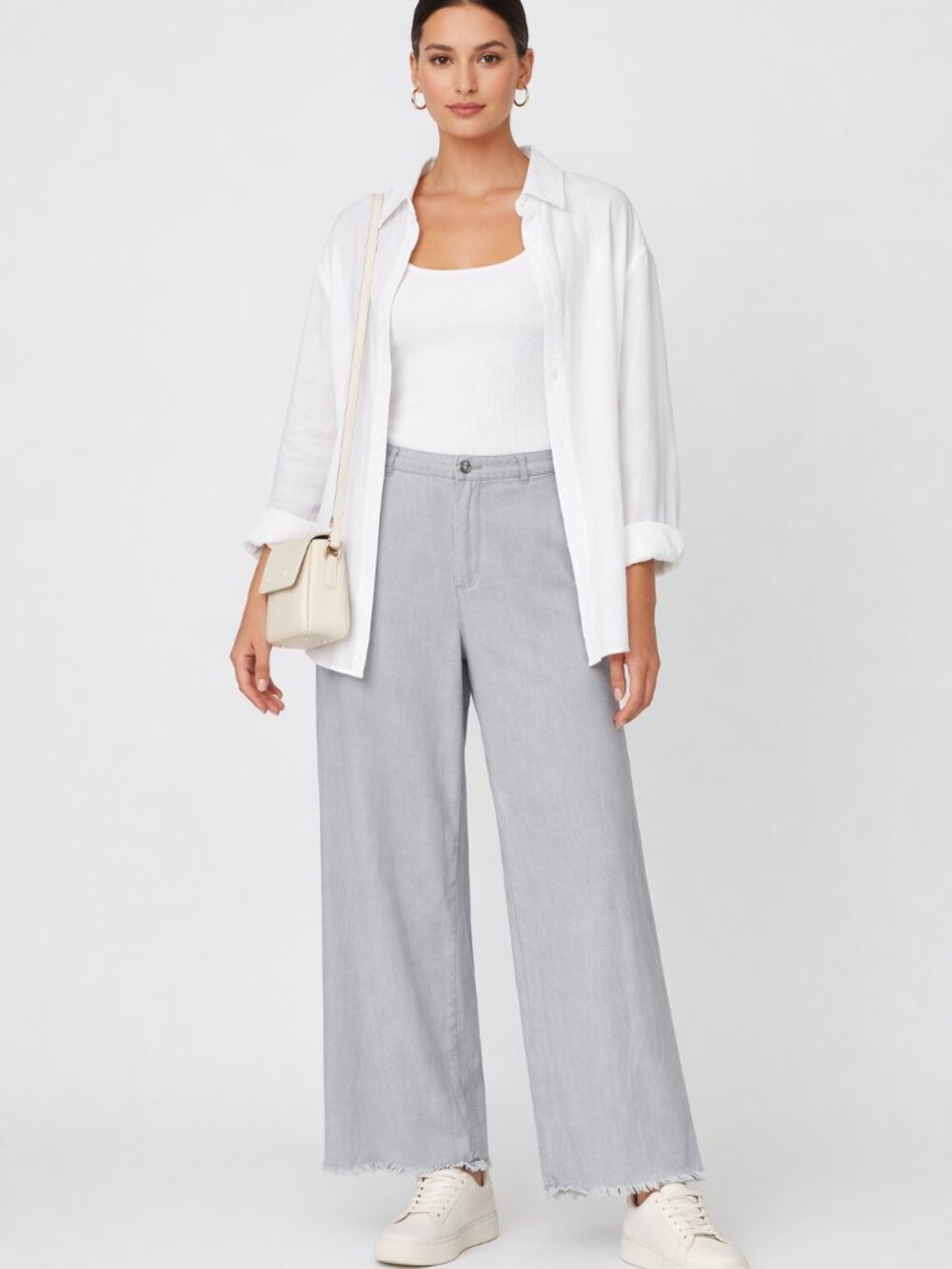 H&M Divided Light Gray Linen Blend Frayed-Hem Wide Leg Pants Back Pockets Size 6